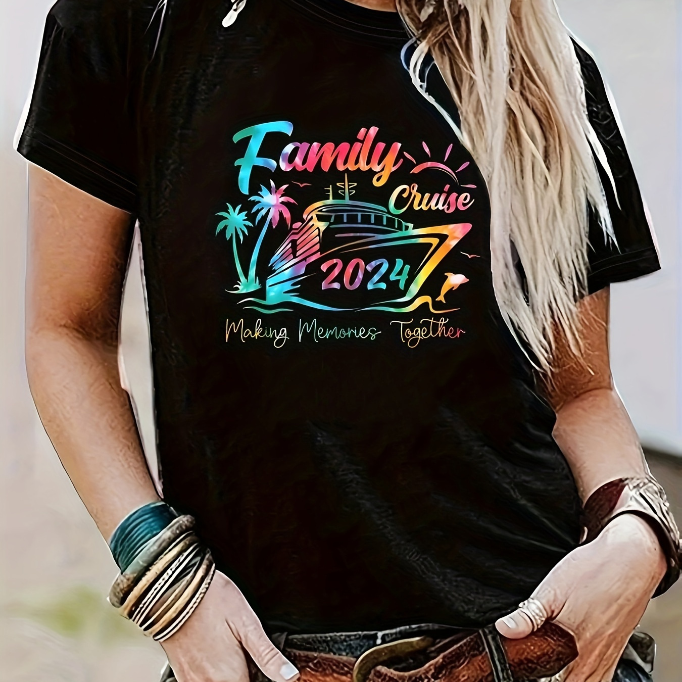 

Family Cruise Print Crew Neck T-shirt, Short Sleeve Casual Top For Summer & Spring, Women's Clothing