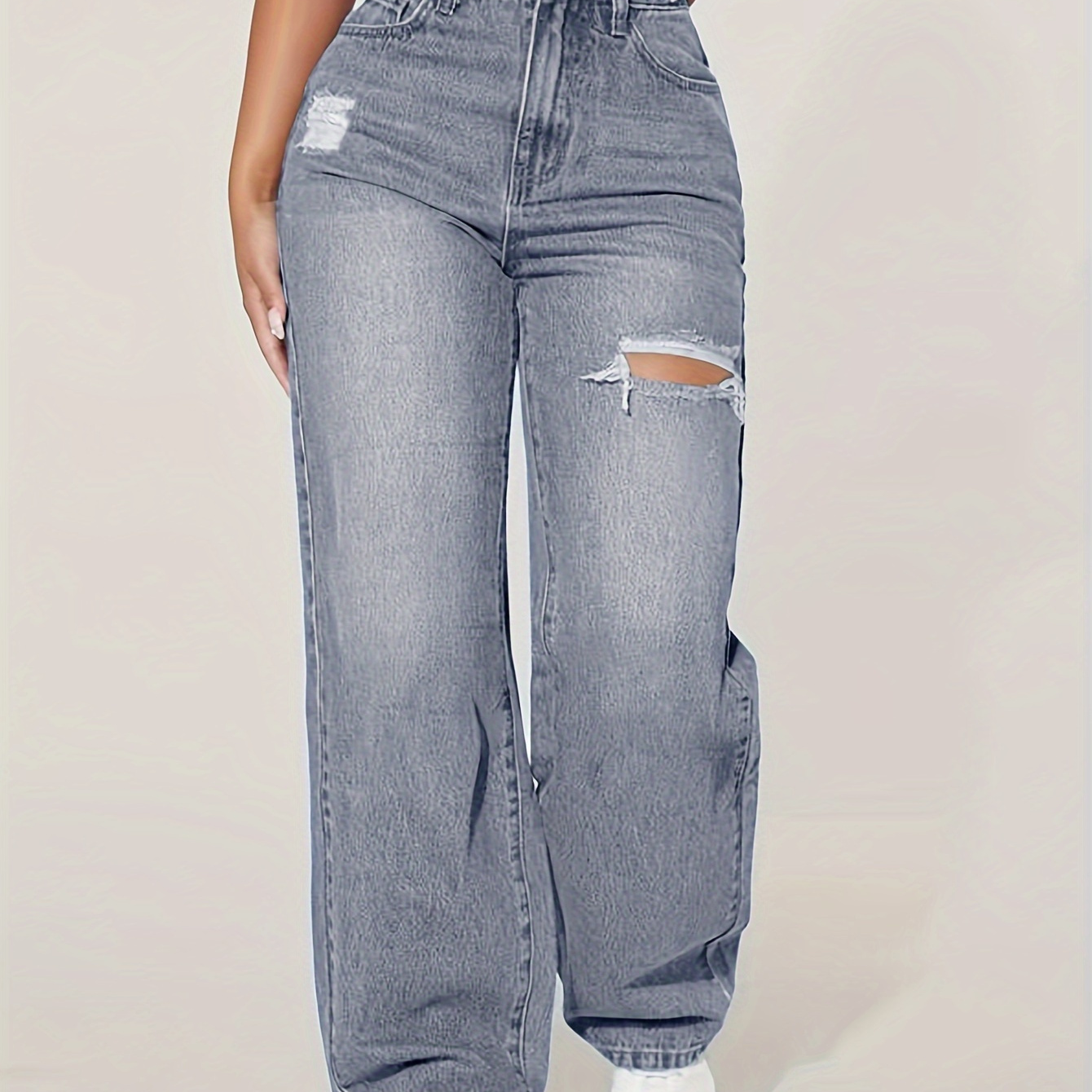 

High-waisted Distressed Denim Jeans For Women, Long Length, Cotton Blend, Relaxed Fit, Machine Washable, All Season