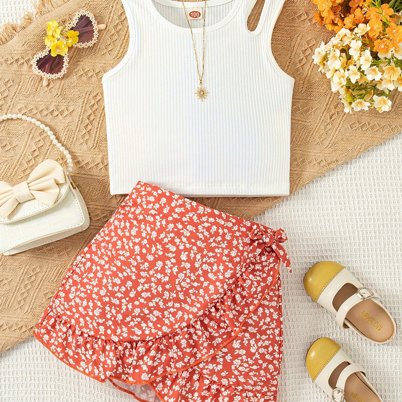 

Casual 2pcs Sleeveless Solid Knit Top T-shirt & Bow Decor Ditsy Floral Pattern Skirt Girls Two-piece Set For Summer