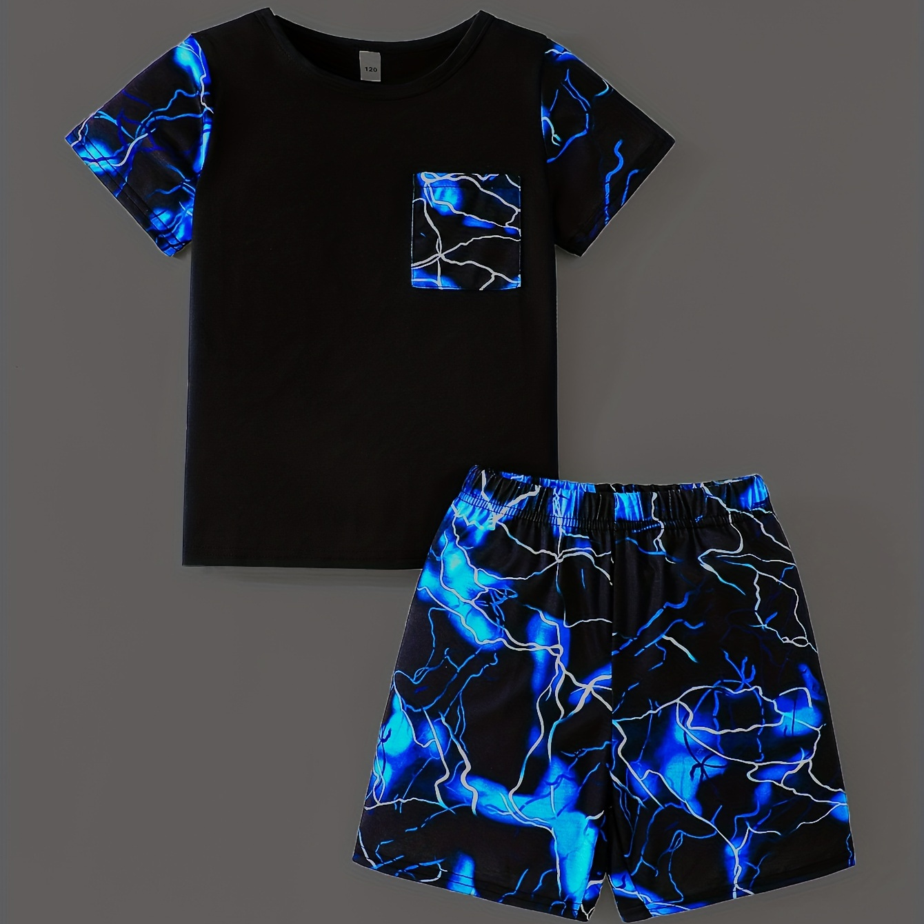 

2pcs-summer Fashion Suit Boys Flash Cool Pattern Printed Summer Short-sleeved Suit