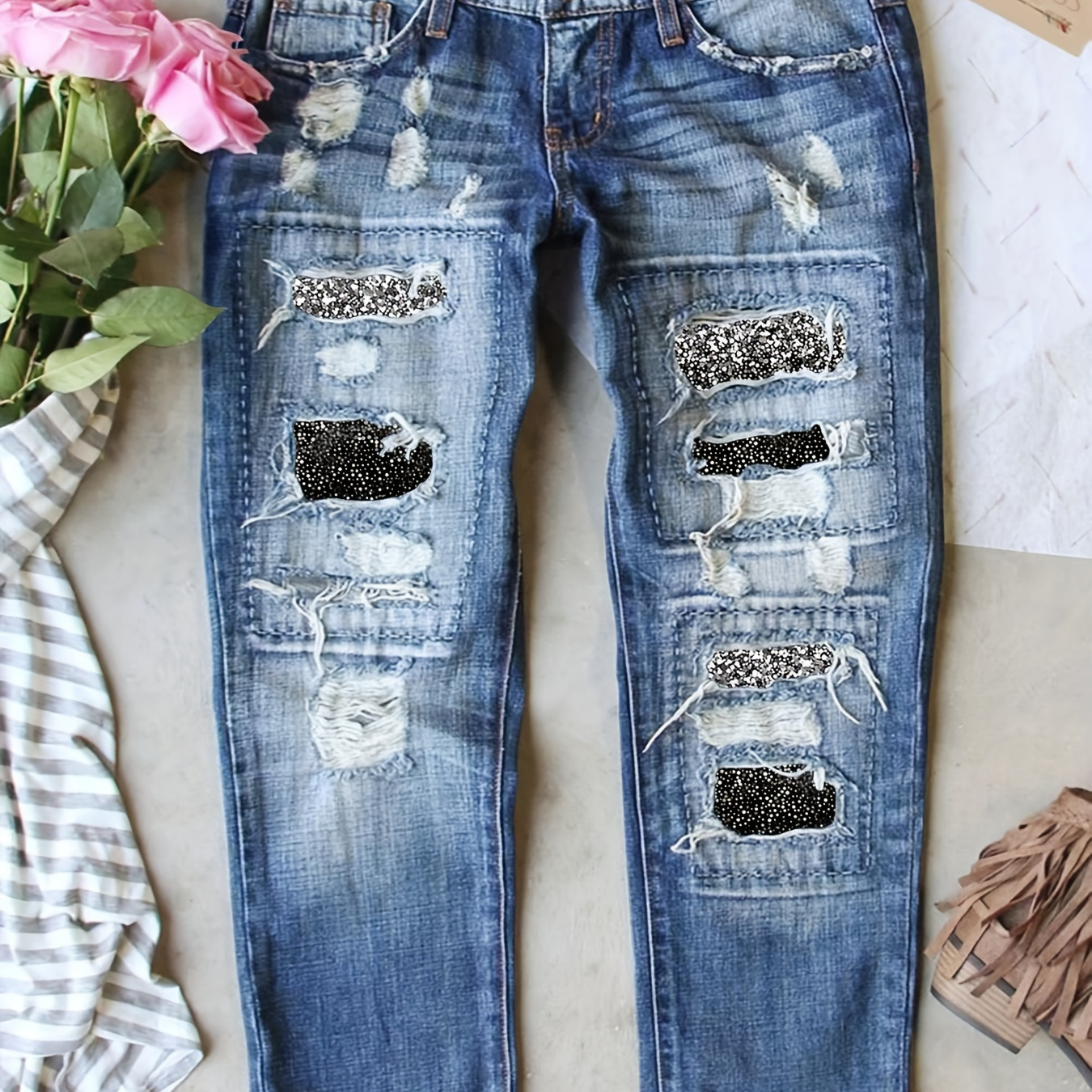 

Yiweidi High Waist Distressed Denim Jeans With Star Print, Stretchy And Comfortable, Four-season Wear, Machine Washable