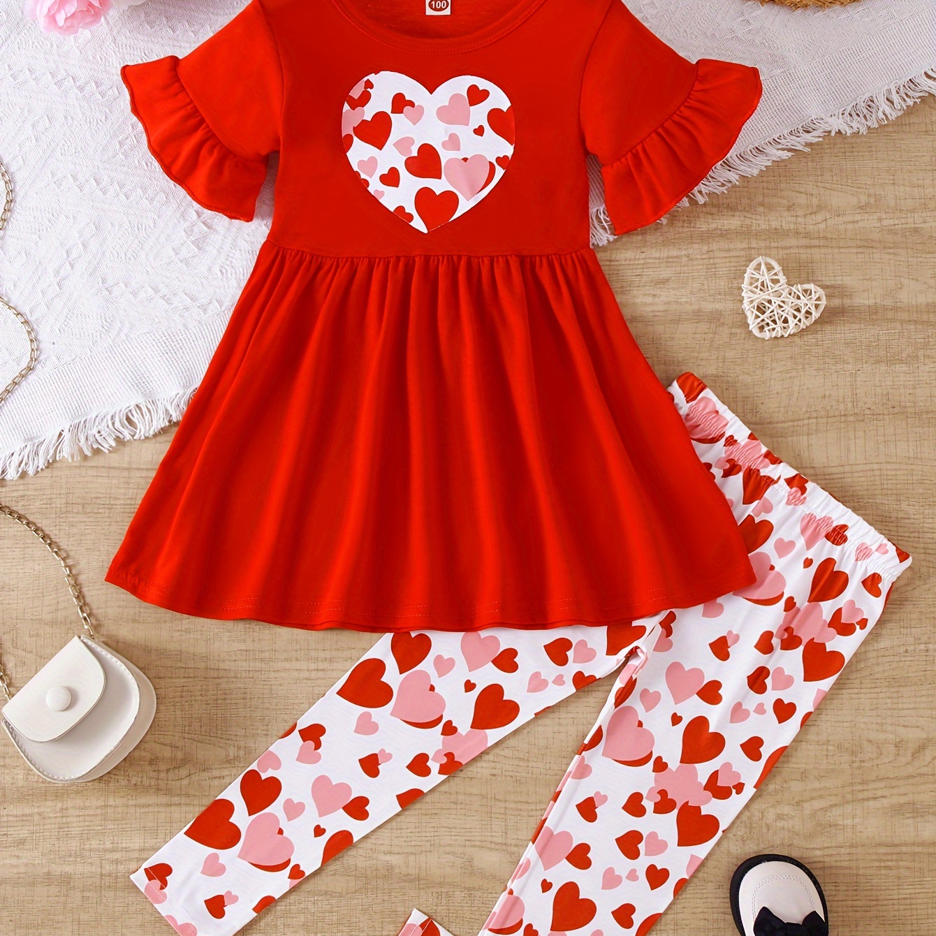 

Heart Pattern 2pcs Set Girls Short Sleeve Top + Pants Set Spring Summer Valentine's Day Gift