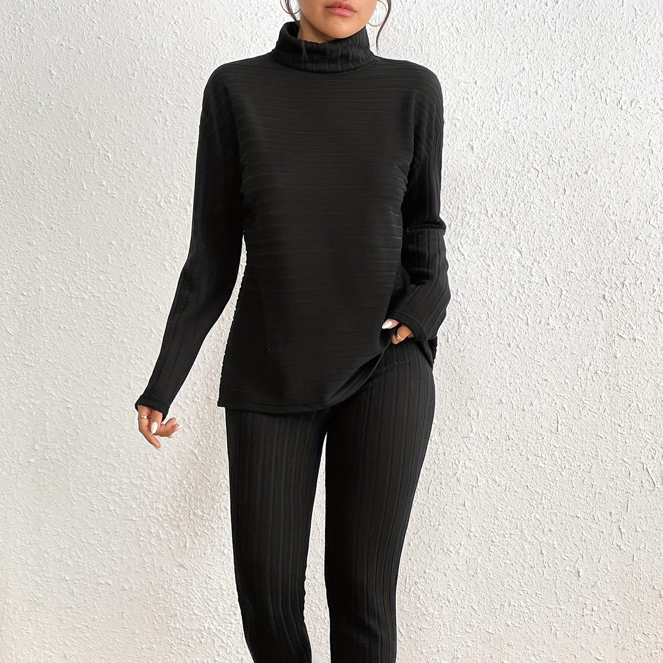 

Ribbed Plain Color Pantsuits, Turtle Neck Long Sleeve T-shirt & Skinny Pants Outfits, Women's Clothing