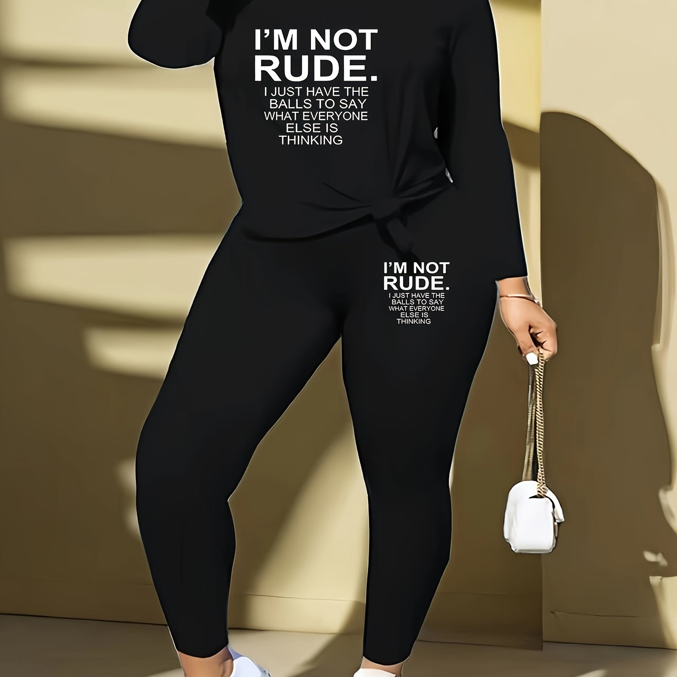 

Plus Size Casual Outfits Set, Women's Plus Slogan Print Long Sleeve V Neck Top & Pants Leggings 2 Piece Set