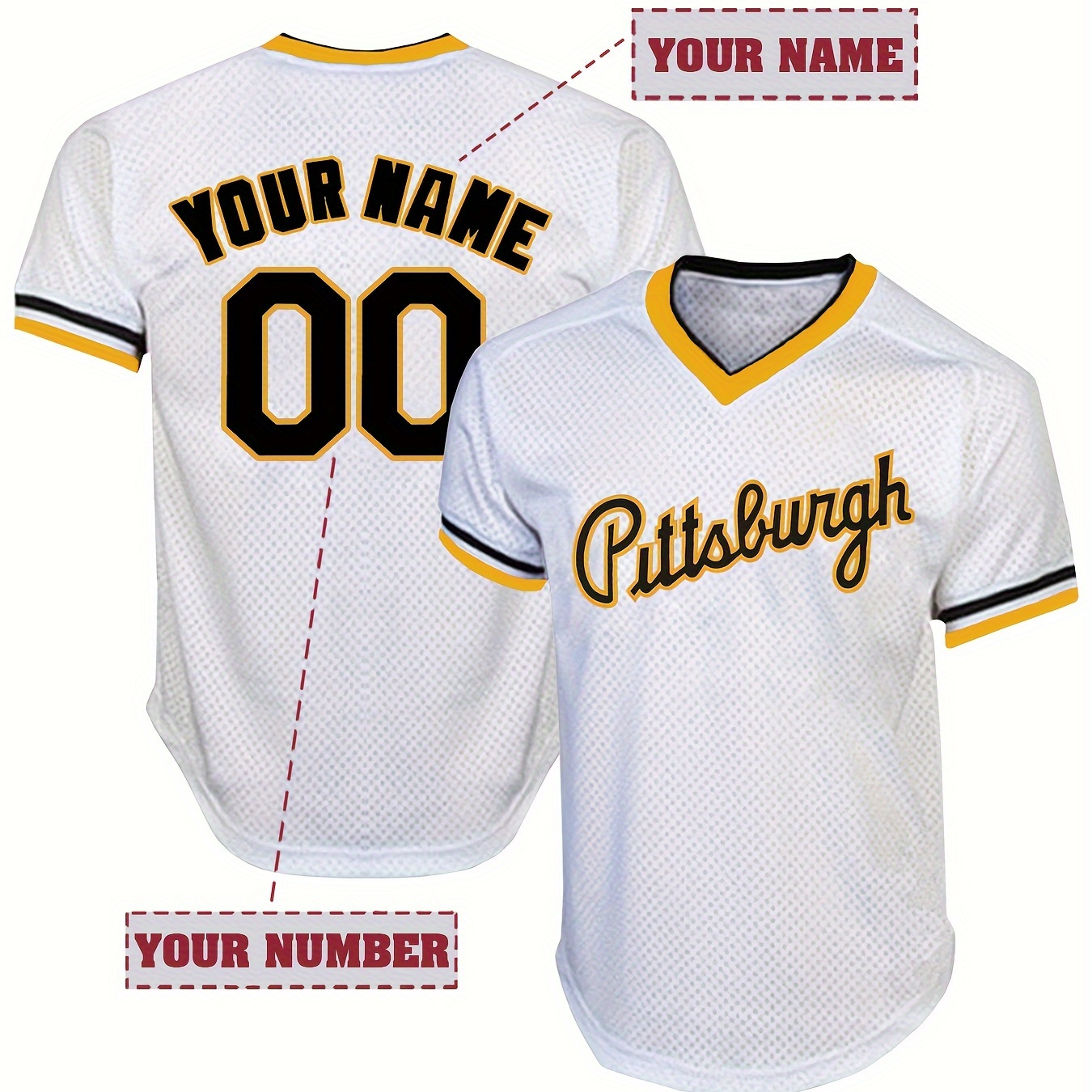 

Customized Name And Number Design, Men's Pittsburgh Embroidery Design Short Sleeve Loose Pullover V-neck Baseball Jersey, Sports Shirt For Team Training