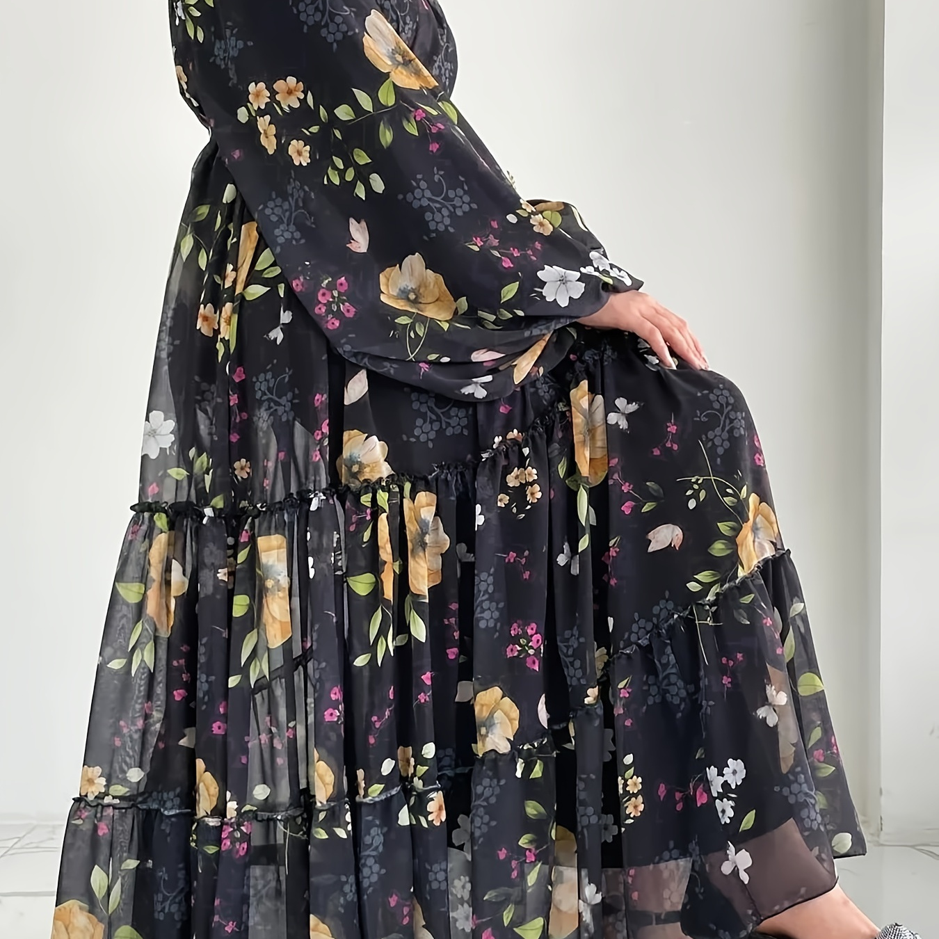 

Floral Print Long Sleeve Abayas Dress, Elegant Ruffle Hem Maxi Length Dress, Women's Clothing