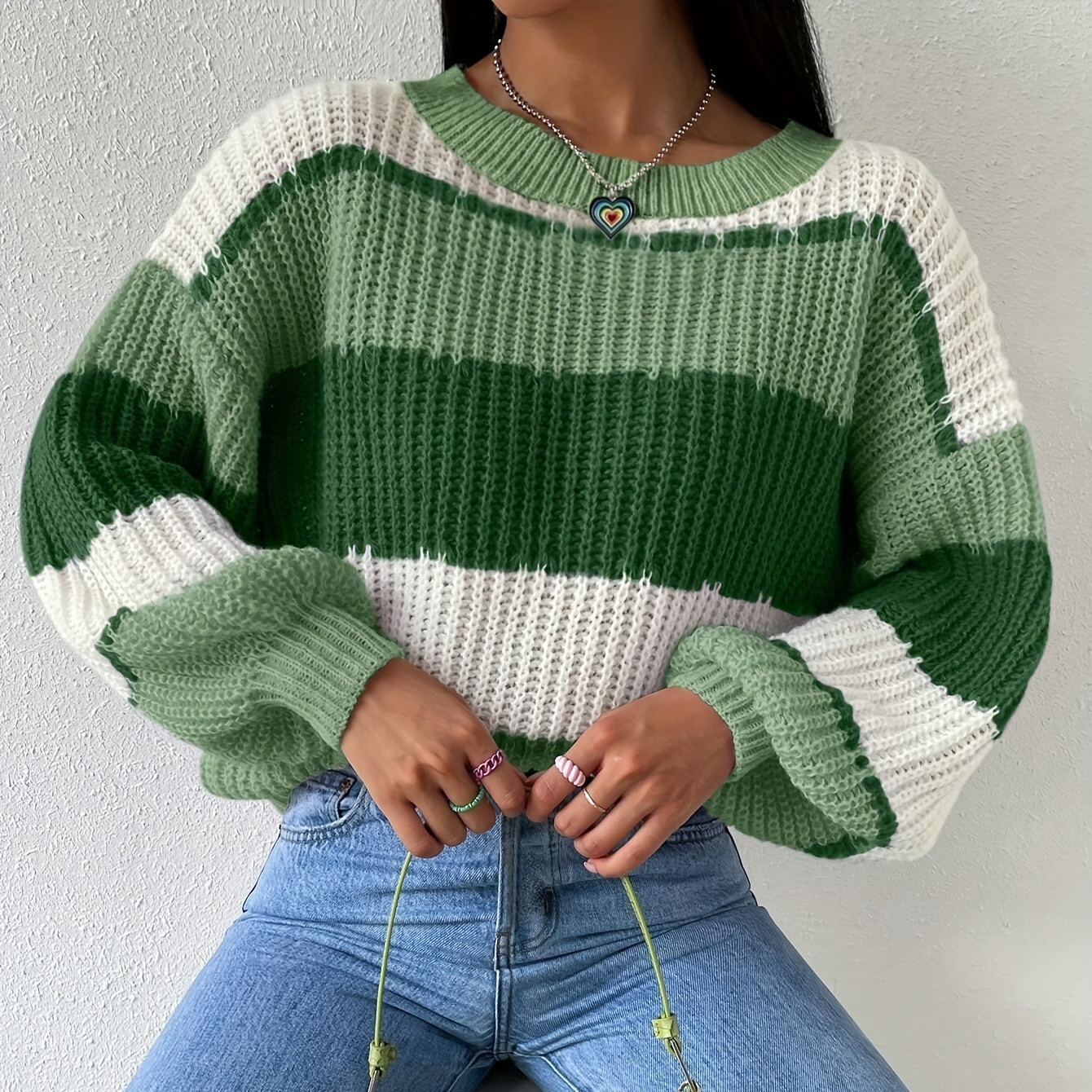 

Color Block Crew Neck Sweater, Casual Drop Shoulder Long Sleeve Sweater For Fall & Winter, Women's Clothing