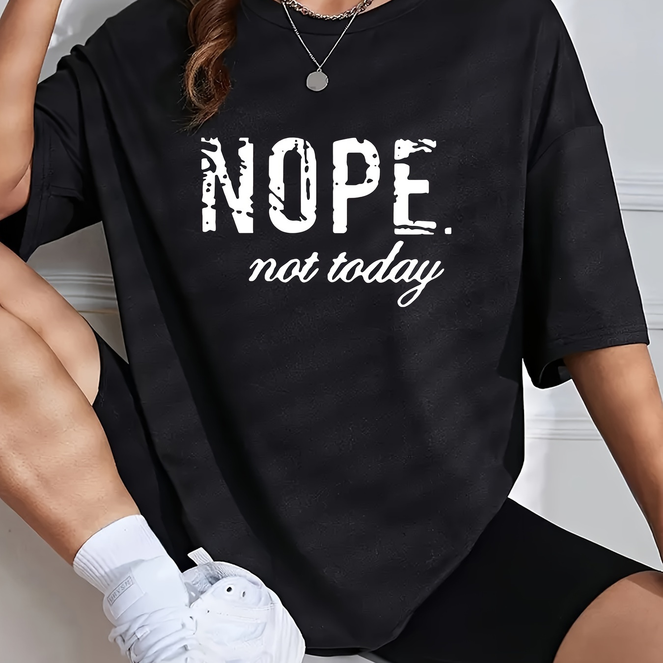 

Plus Size Letter Nope Print T-shirt, Casual Short Sleeve Top For Spring & Summer, Women's Plus Size Clothing