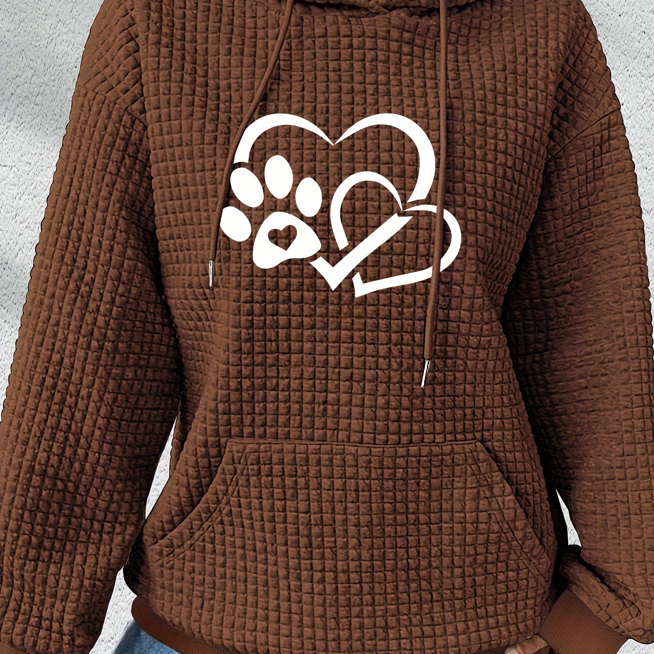 

Women's Casual Polyester Waffle Knit Hoodie With Applique Heart And Paw Print - Hooded Fall/winter Sweatshirt With Drawstring