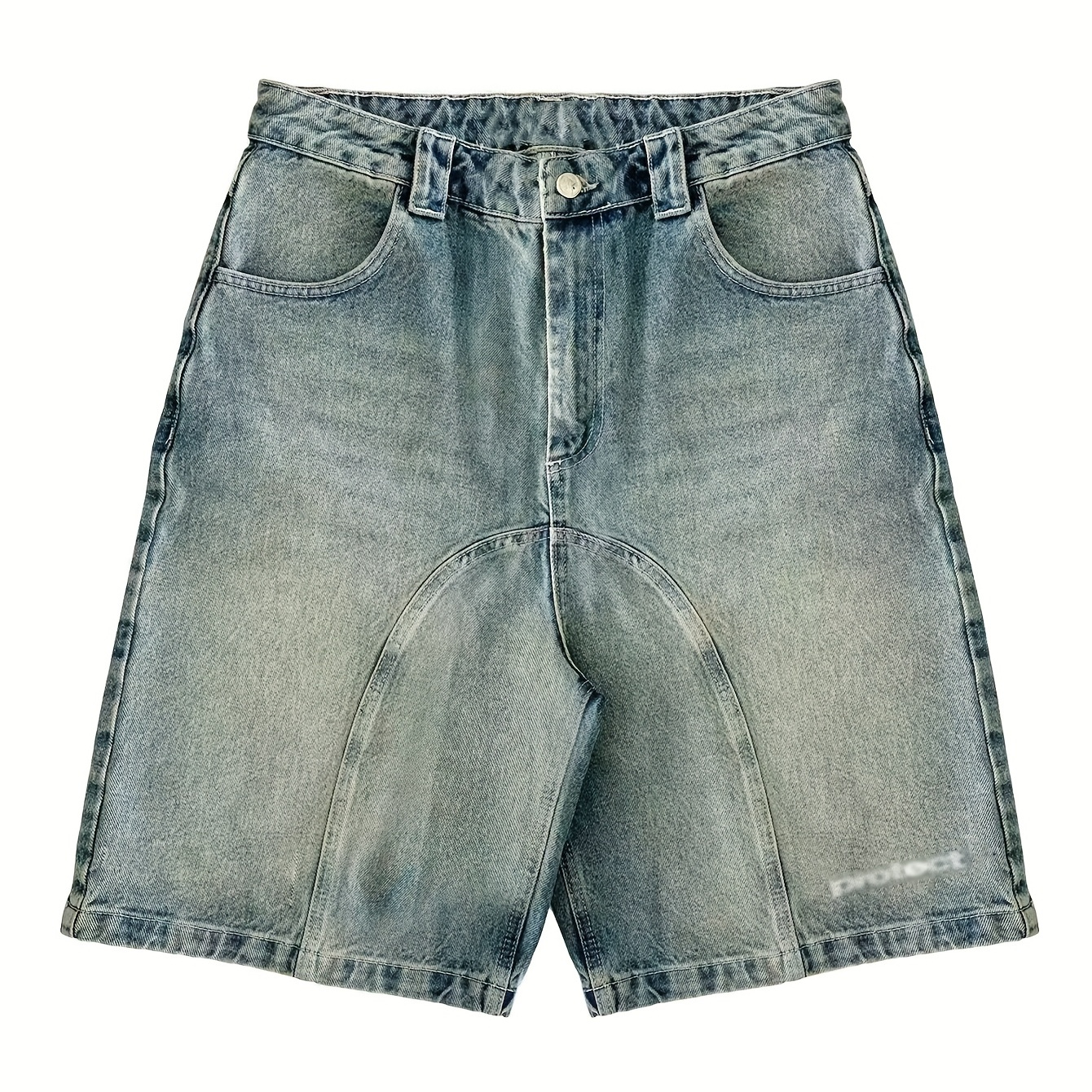 Men'S Blue Street Hip-Hop Denim Shorts - Knee-Length, Geometric Embroidery, Comfortable All-Season Casual Wear, Non-Stretch Fabric, Perfect for Outdoor Outings, Street Outing Shorts | Embroidered Denim Shorts | Nonstretch Fabric