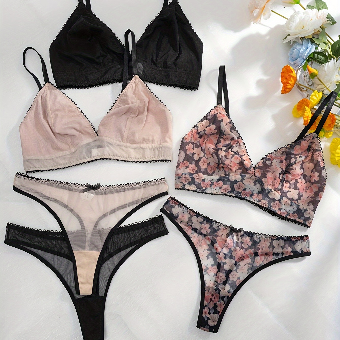 

3 de Lingerie Sexy, Ensemble Soutien-Gorge et Culotte Semi-Transparent , Lingerie et Sous-Vêtements pour Femmes