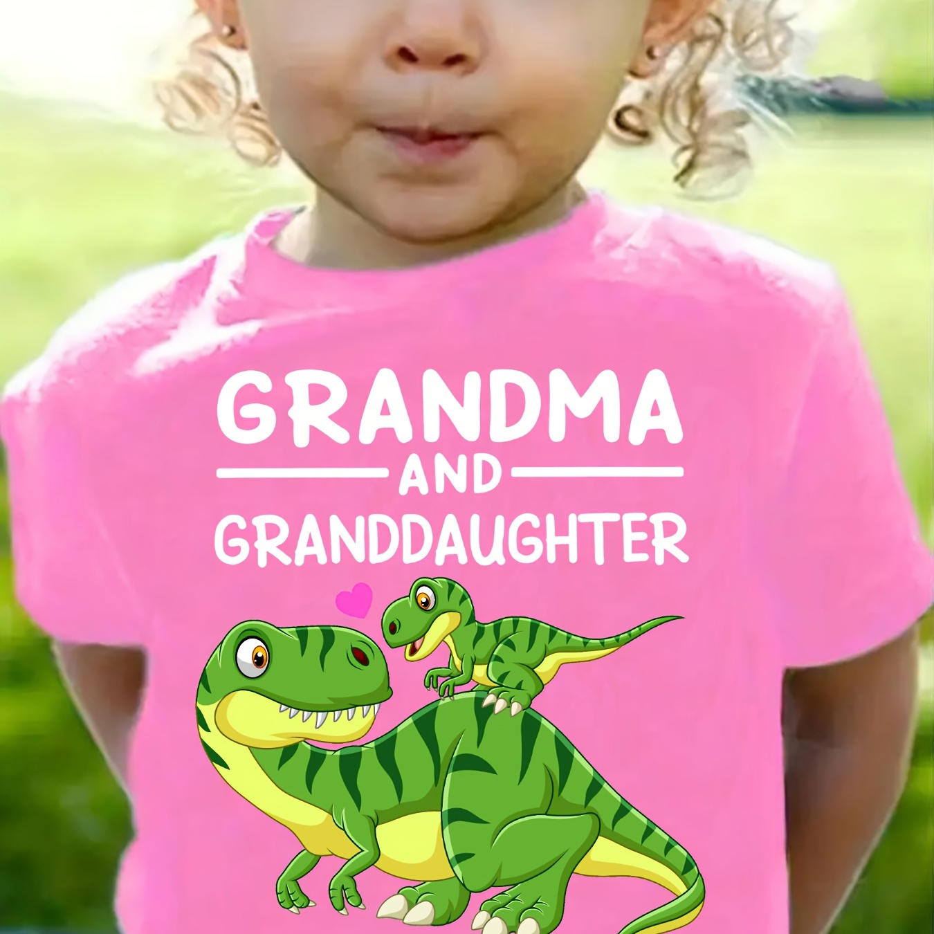 

Round Neck Dinosaur And "grandma And Granddaughter..." Print Short Sleeve Girls T-shirt, Summer Casual Soft And Comfy Girls Top