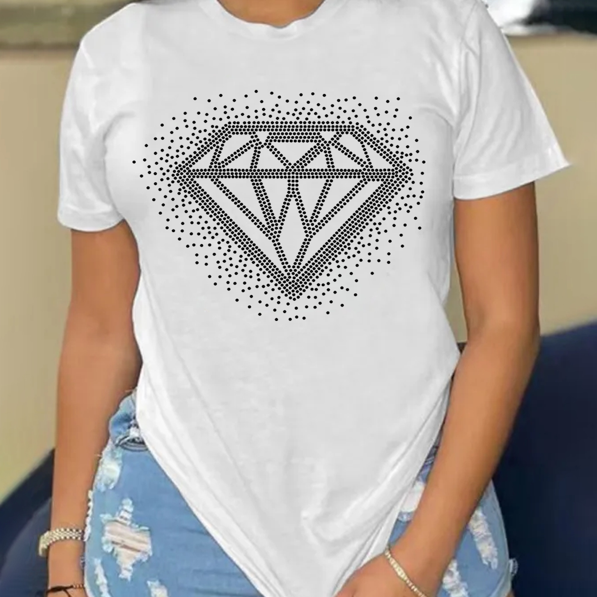 

Diamond Print T-shirt, Short Sleeve Crew Neck Casual Top For Summer & Spring, Women's Clothing