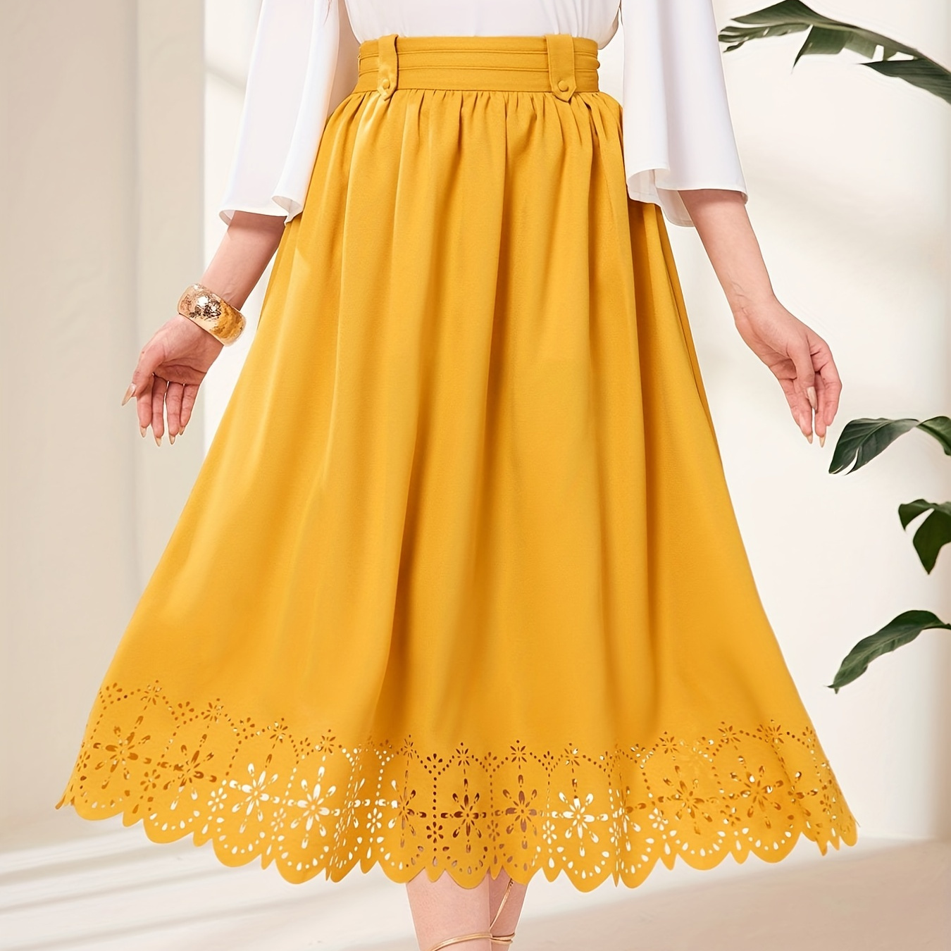 

Hollow Ruched Skirts, Elegant Solid High Waist Midi Skirts, Women's Clothing