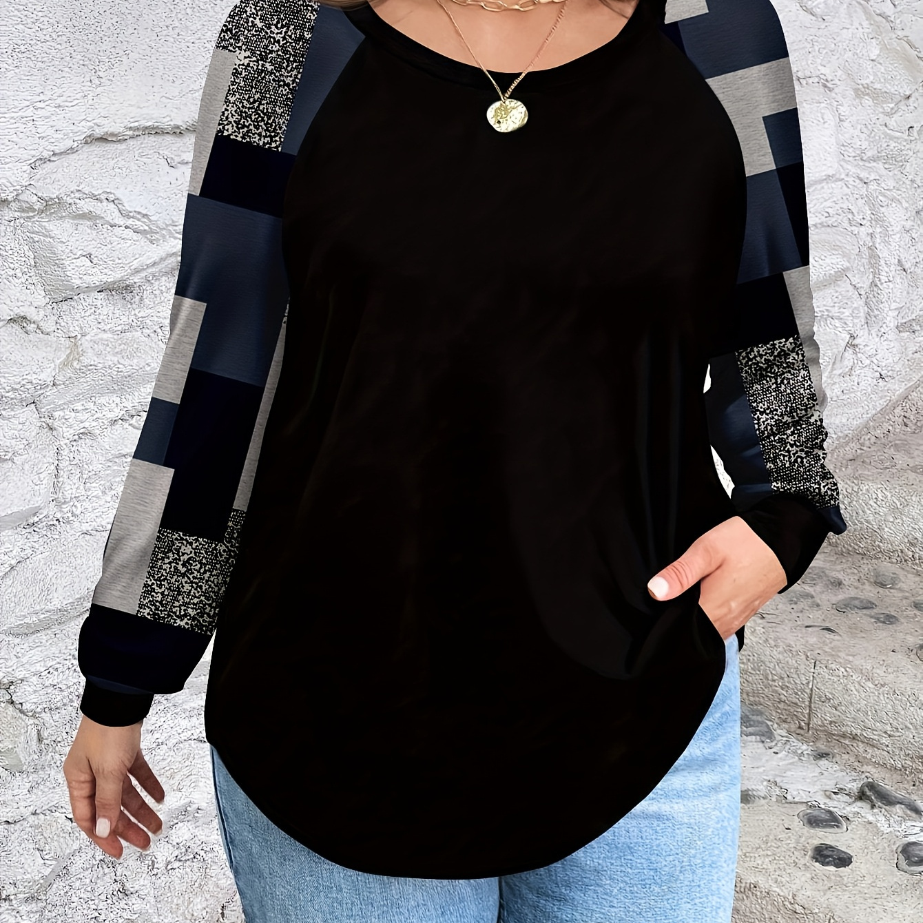 

Large Size Round Neck Shoulder Insert Sleeve Spliced Casual T-shirt