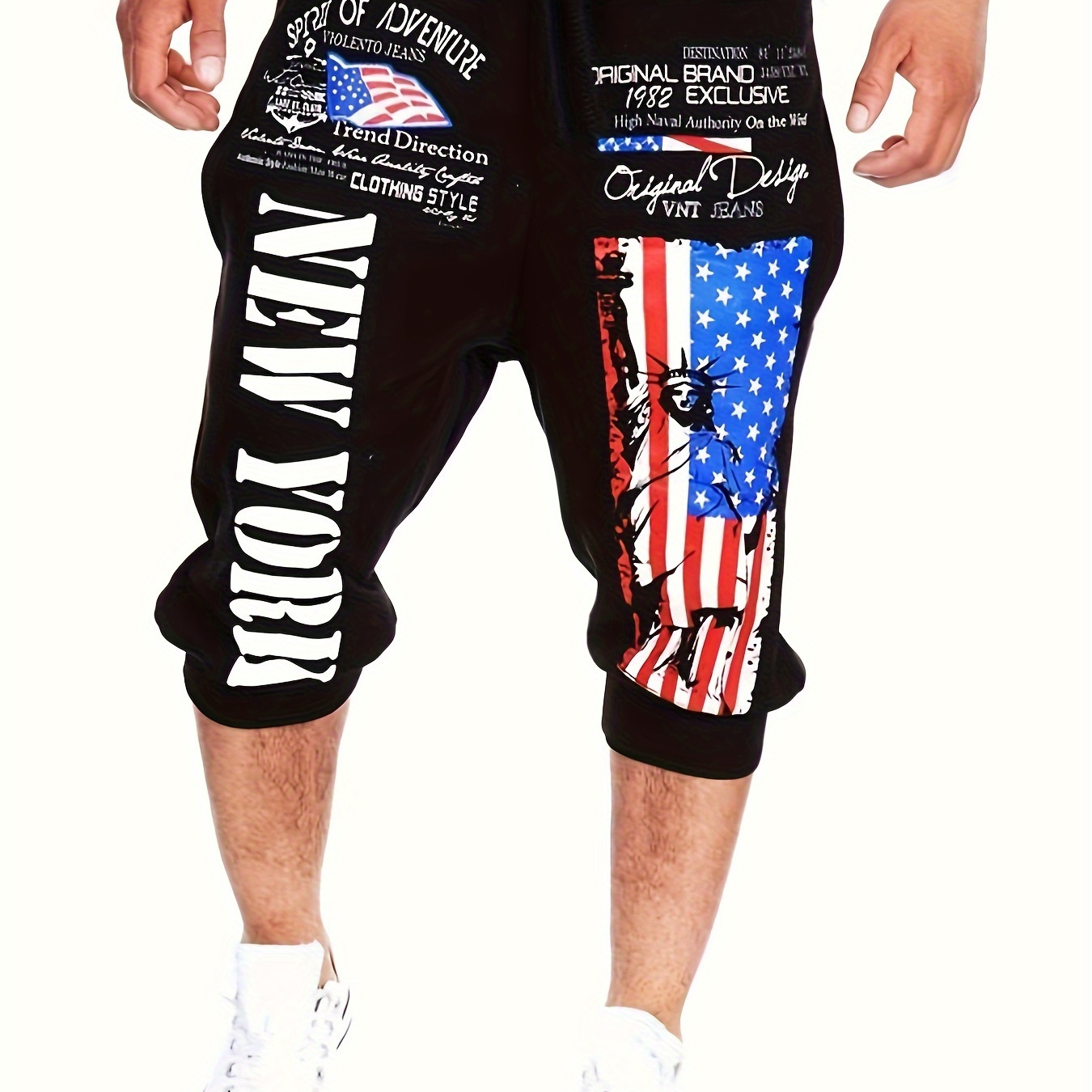

American Flag Pattern And Letter Print "new York" Capri Pants With Drawstring And Pockets, Chic And Stylish Shorts For Men's Summer Jogging Workout And Outdoors Sports Wear