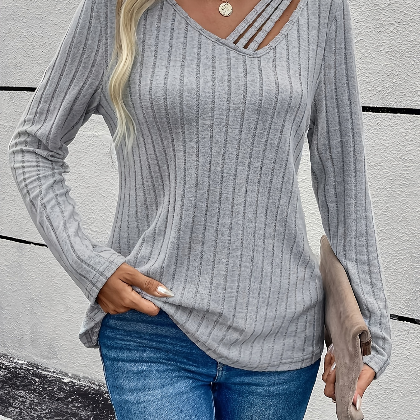 

Ribbed Asymmetrical Neck T-shirt, Casual Long Sleeve Top For Spring & Fall, Women's Clothing
