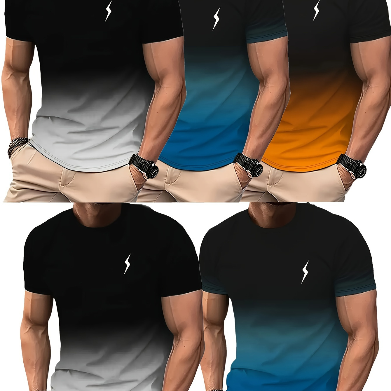 

5-pack Men's Polyester Athletic T-shirts, Basic Crew Neck With Slight Stretch, Gradient Cool 3d Print Quick Dry Short Sleeve Fitness Tops, Knit Fabric Spring/summer Sportswear