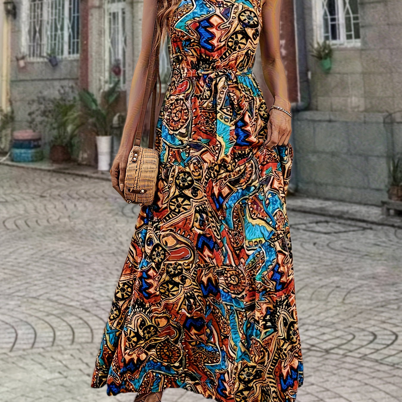 

Ethnic Floral Print Dress, Boho Sleeveless Belted Dress For Spring & Summer, Women's Clothing