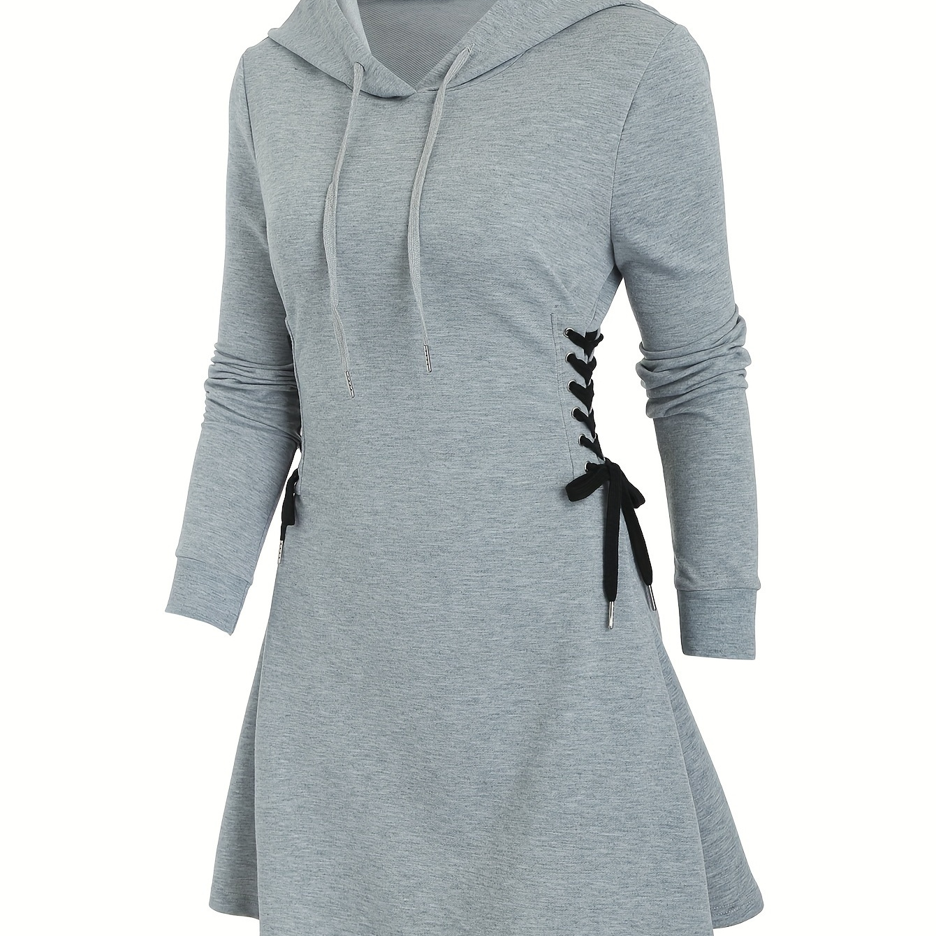 

Solid Side Drawstring Hooded Dress, Casual Cinched Waist Long Sleeve Dress, Women's Clothing