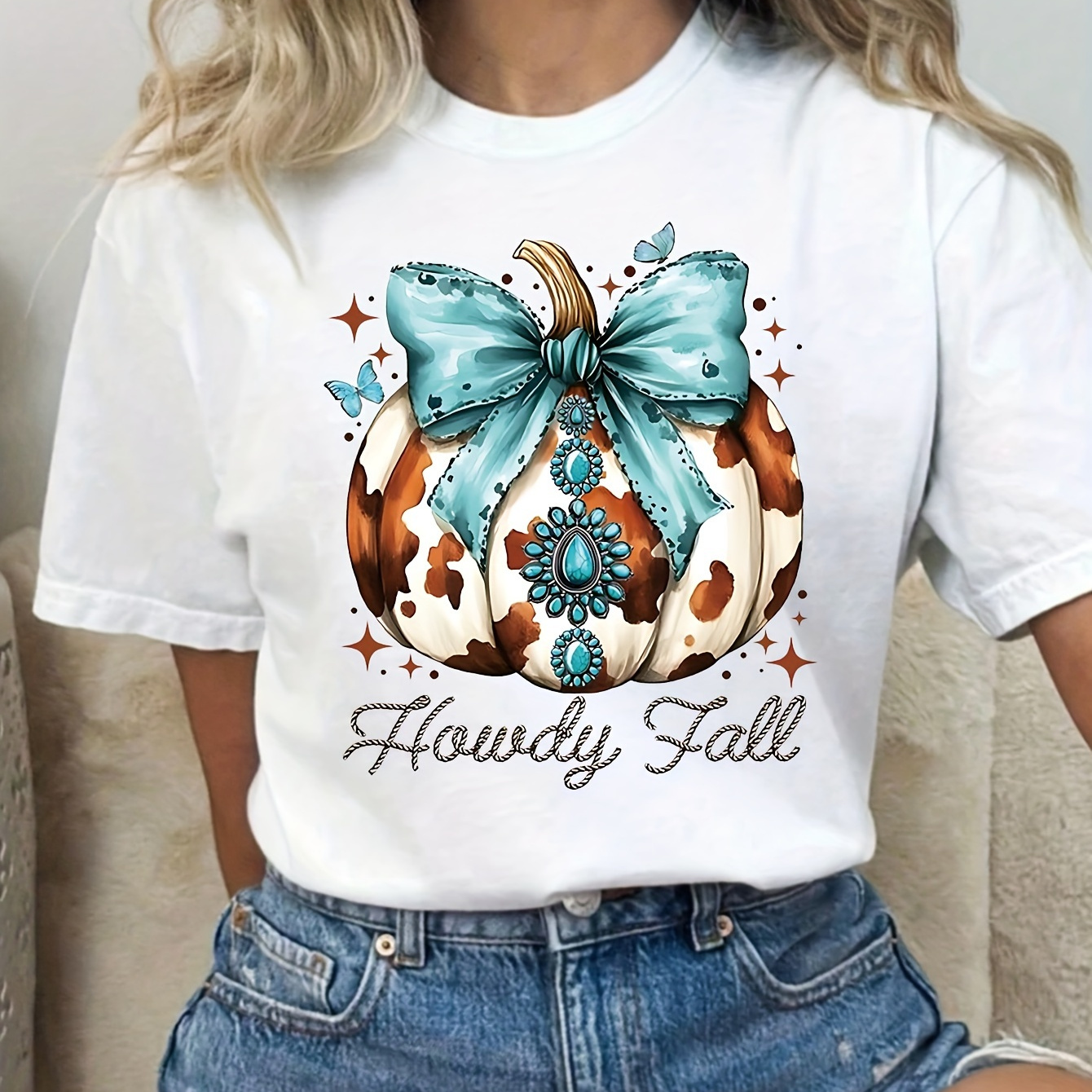 

Plus Size Women's Round T- - Polyester, , - & Bow For Summer