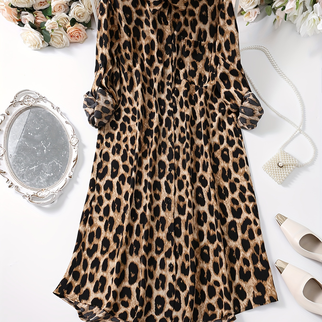 

Elegant Plus Size Leopard Print Shirt Dress With Button Detail, Polyester Long Sleeve Midi Dress With Cardigan Collar, Non-stretch Fabric For Spring/fall - Woven Women's Fashion