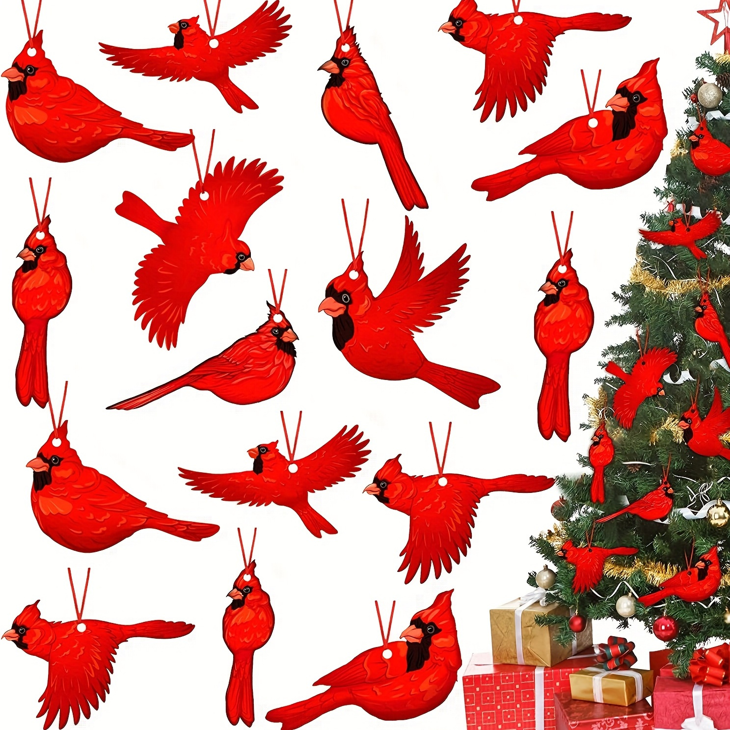 12pcs, Red Cardinal Christmas Ornaments, Red Christmas Tree Ornaments, Cardinals Birds Memorial Hanging Ornament, Wooden Decor, Xmas Tree Gift Decoration