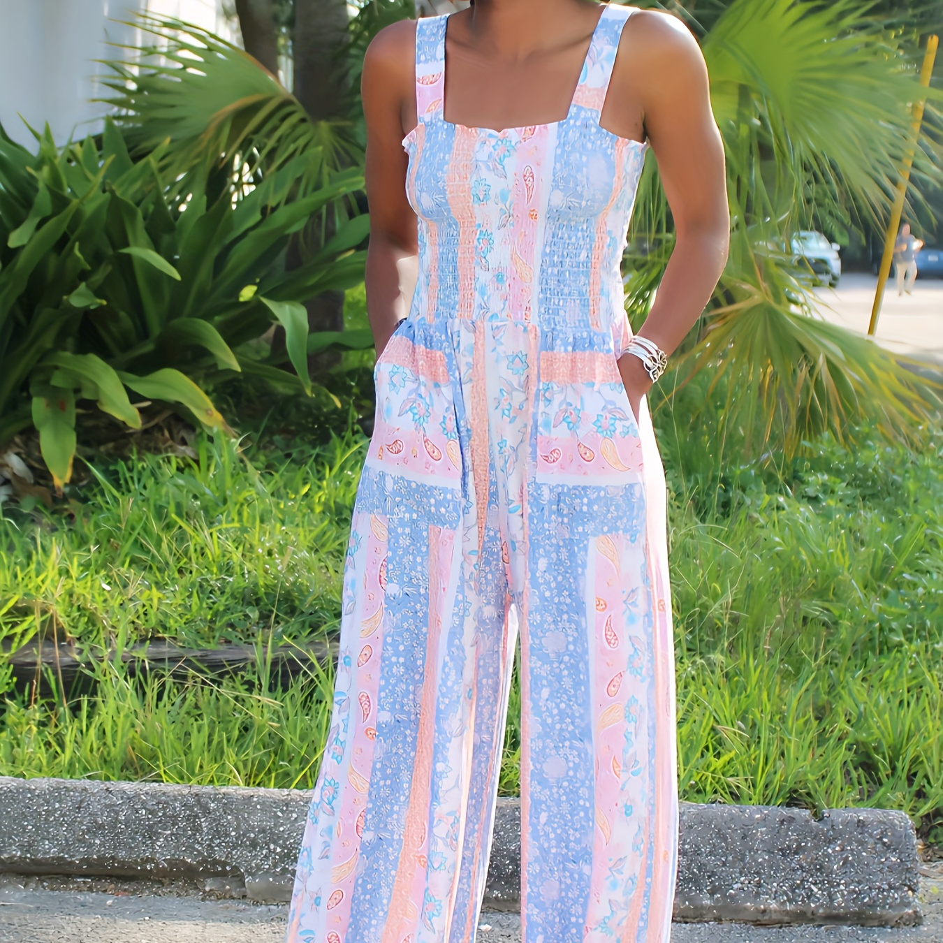 

Paisley Print Square Neck Jumpsuit, Casual Backless Sleeveless Pocket Design Shirred Wide Leg Jumpsuit, Women's Clothing