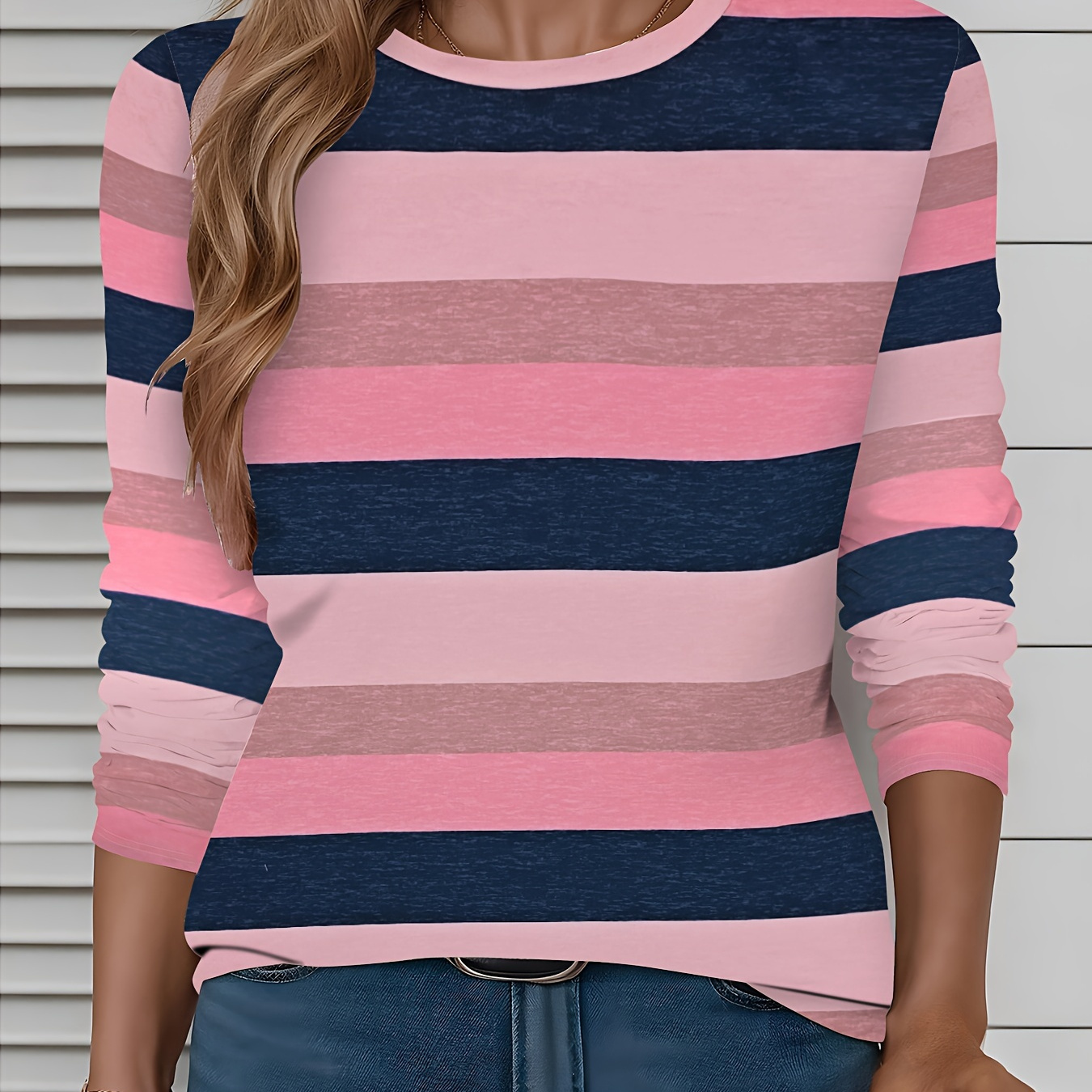 

Print Striped Long Sleeve T-shirt For Women - Breathable, Crew Neck, Casual Sporty Top With Detail