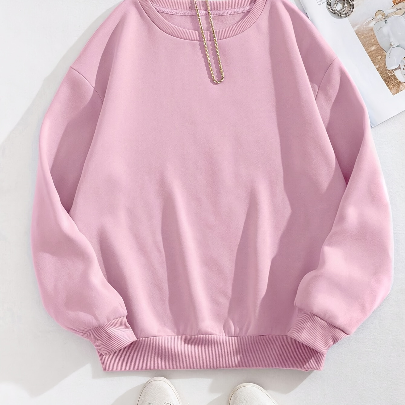

Women's Fashion Sporty Pullover Sweatshirt With Fleece Lining, Round Neck, Casual Outerwear, Comfortable Fit, Ribbed Cuffs - Fall & Winter