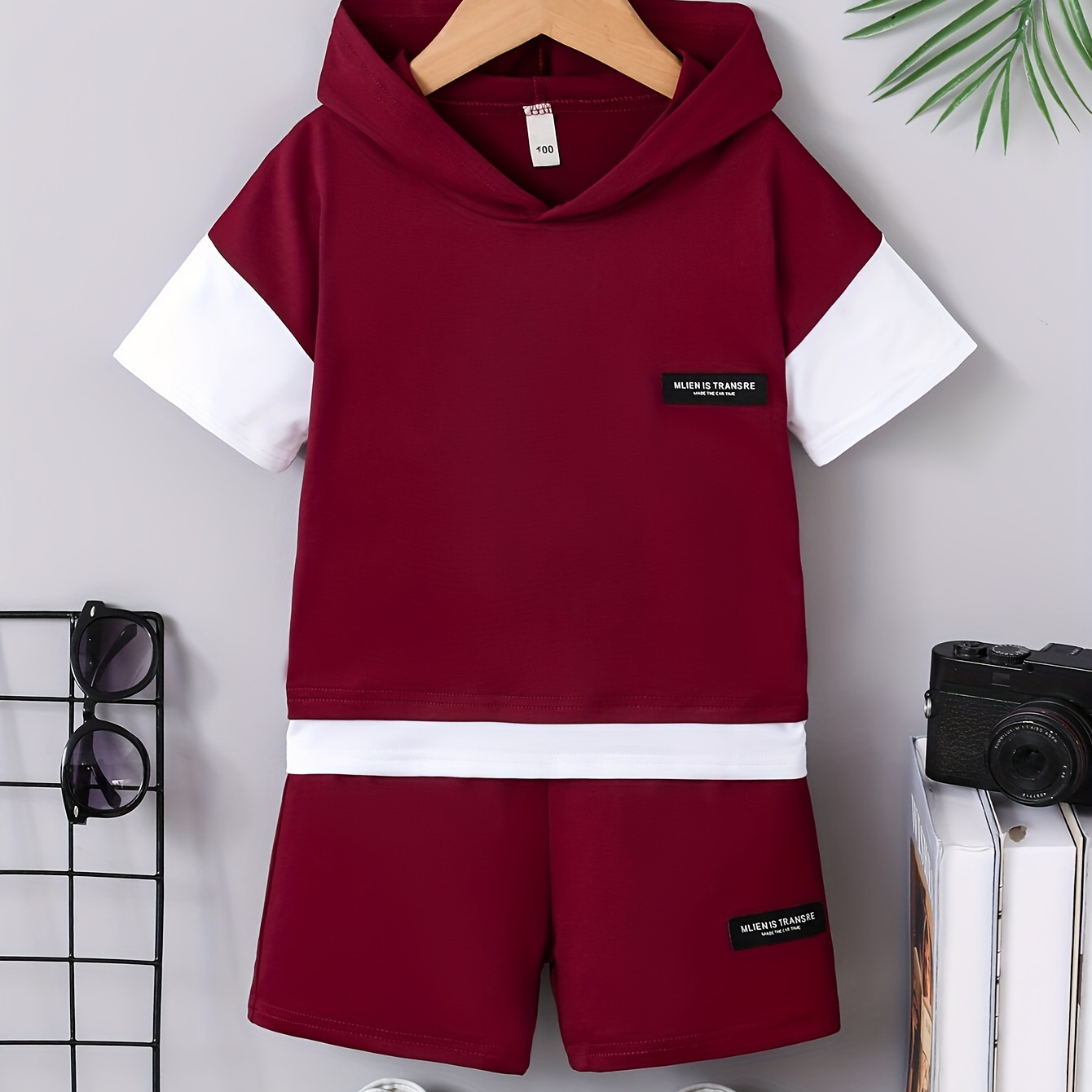 TEMU 2pcs Boys Casual Label Patch Print Short Sleeve Stitching Hooded T-shirt & Shorts Set, Comfy Summer Boys Clothes