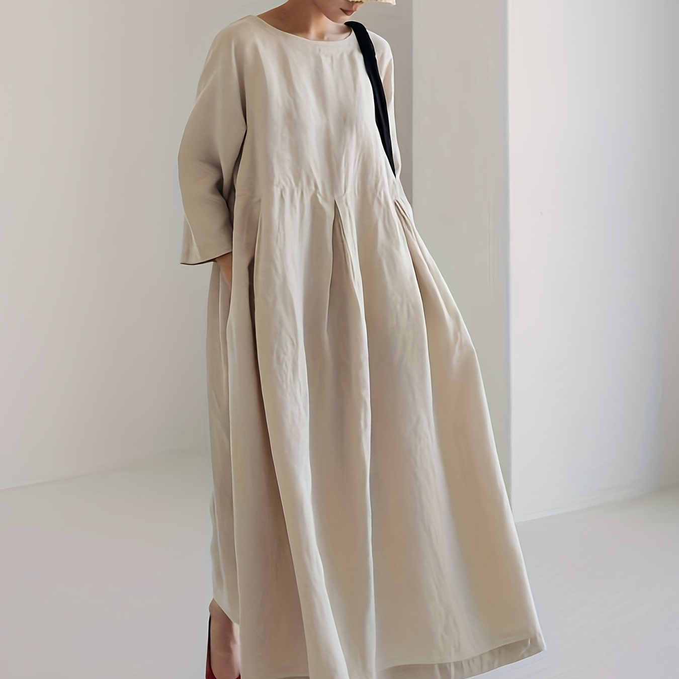 

Solid Color Crew Neck Maxi Dress, Casual Long Sleeve Loose Big Swing Dress With Pocket, Women's Clothing