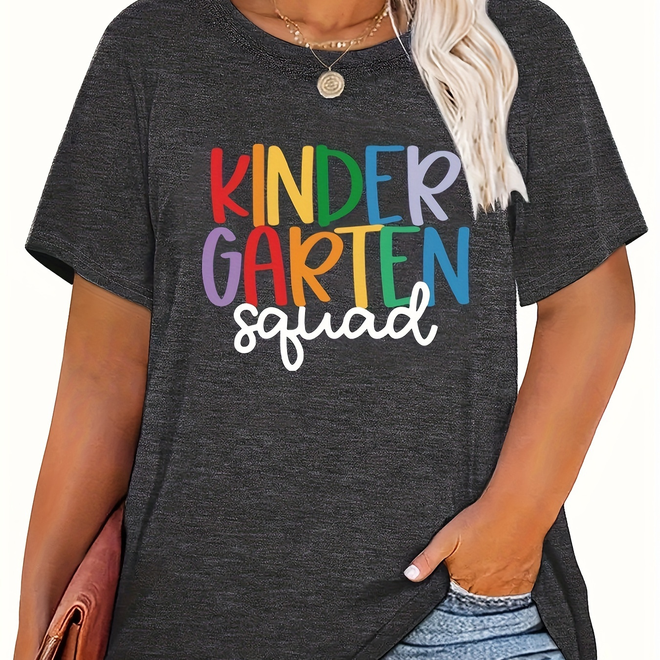 

Plus Size Kindergarten Print T-shirt, Casual Crew Neck Short Sleeve Top For Spring & Summer, Women's Plus Size Clothing