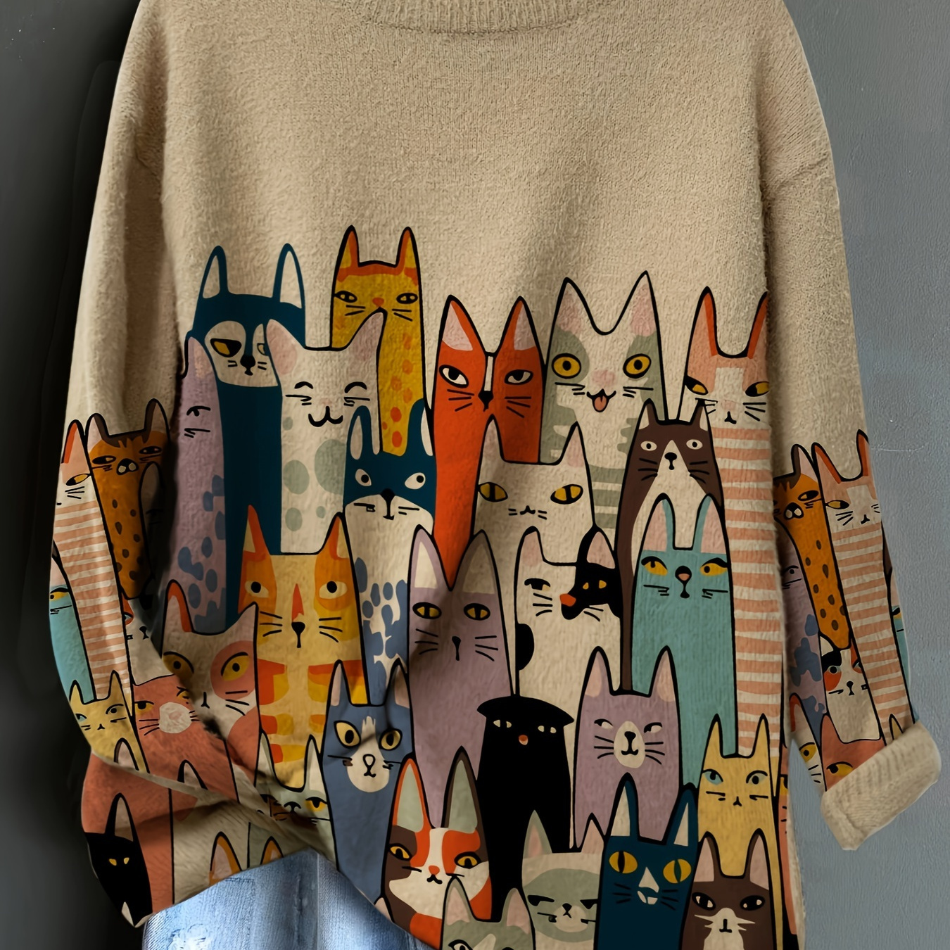 

Pull col rond à motif de chat, pull décontracté à manches longues pour l'automne et l'hiver, vêtements pour femmes