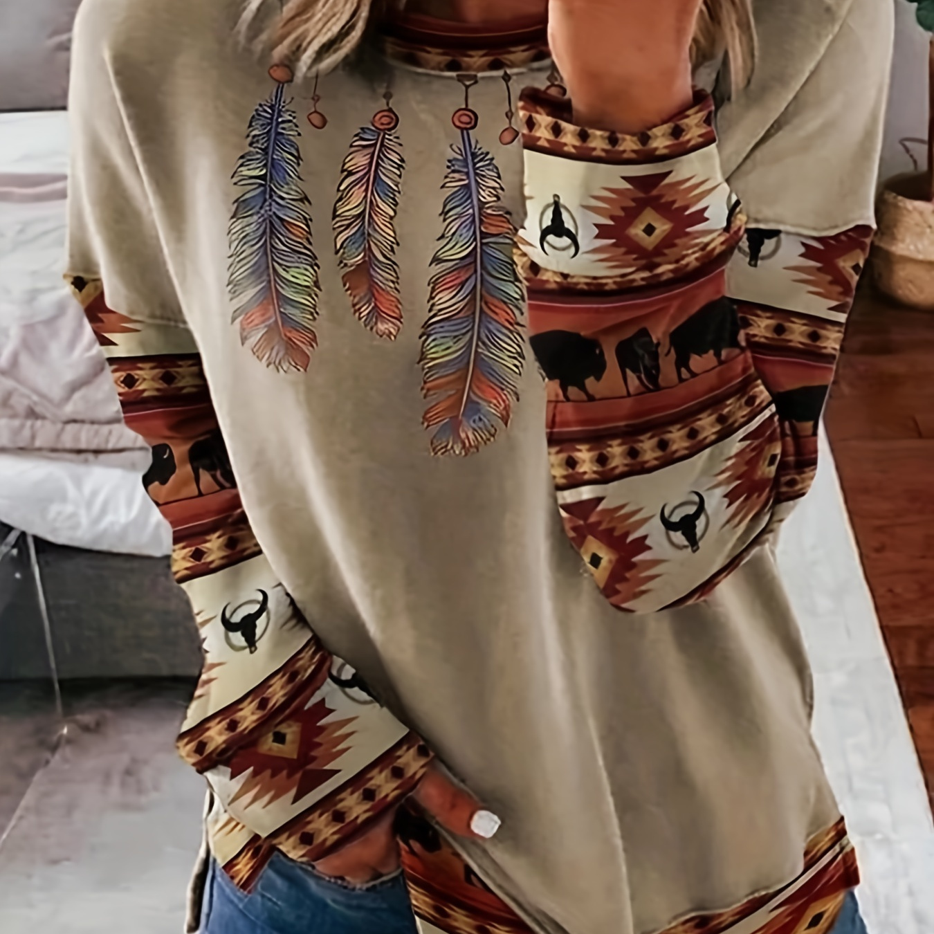 Plus Size Boho Sweatshirt Women's Plus Tribal Feather Print - Temu