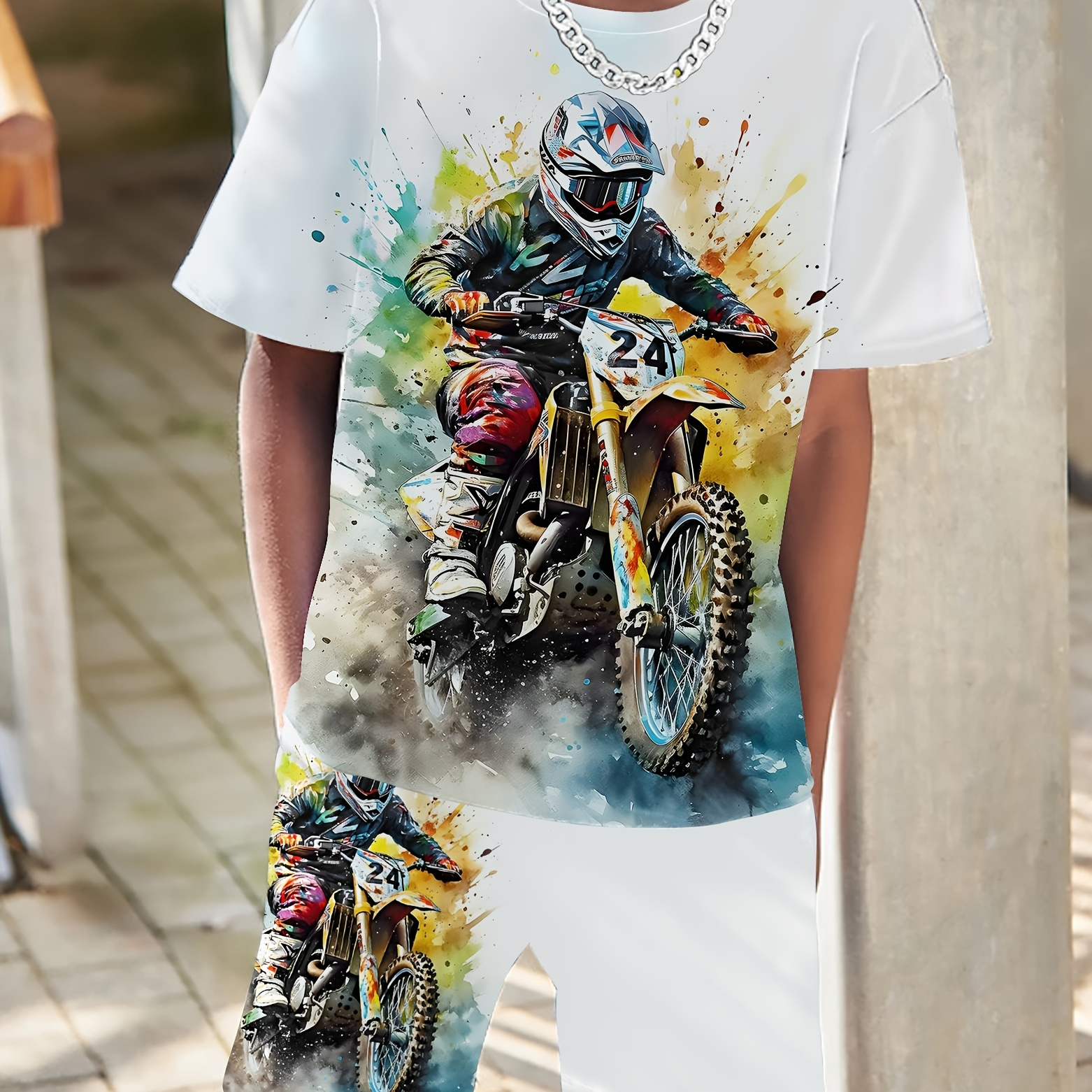 

2pcs Boys Casual Cool Rider 3d Graphic Print Short Sleeve T-shirt & Shorts Set, Comfy Summer Kids Clothes