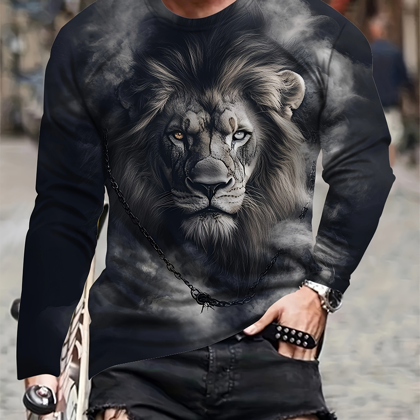 

Men's Casual Long Sleeve Lion Smoke Chain Neck T-shirt - 100% Polyester Knit Fabric With Slight Stretch, Animal Pattern, Pullover Style For All