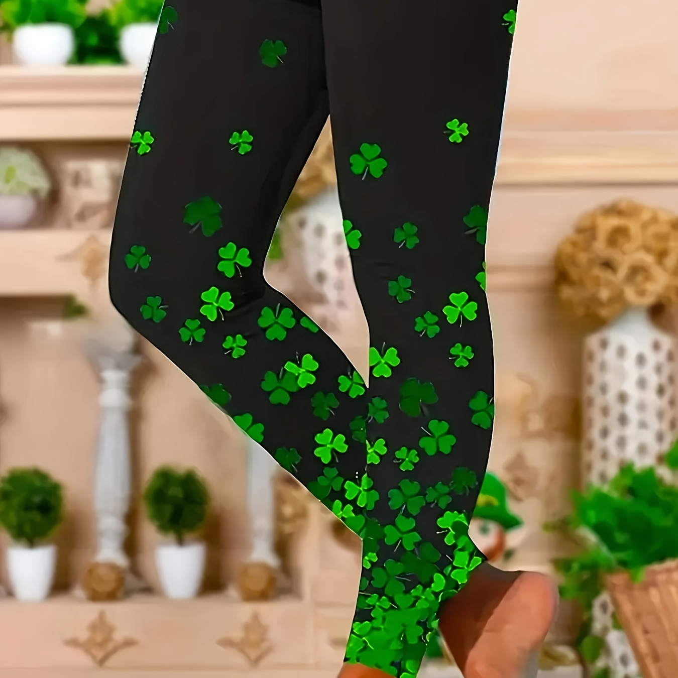 

Women's 's Day Clover Print Stretch Leggings - Casual Waist, Black Polyester Knit, Machine Washable, Casual Wear Leggings|clover |stretch Fabric