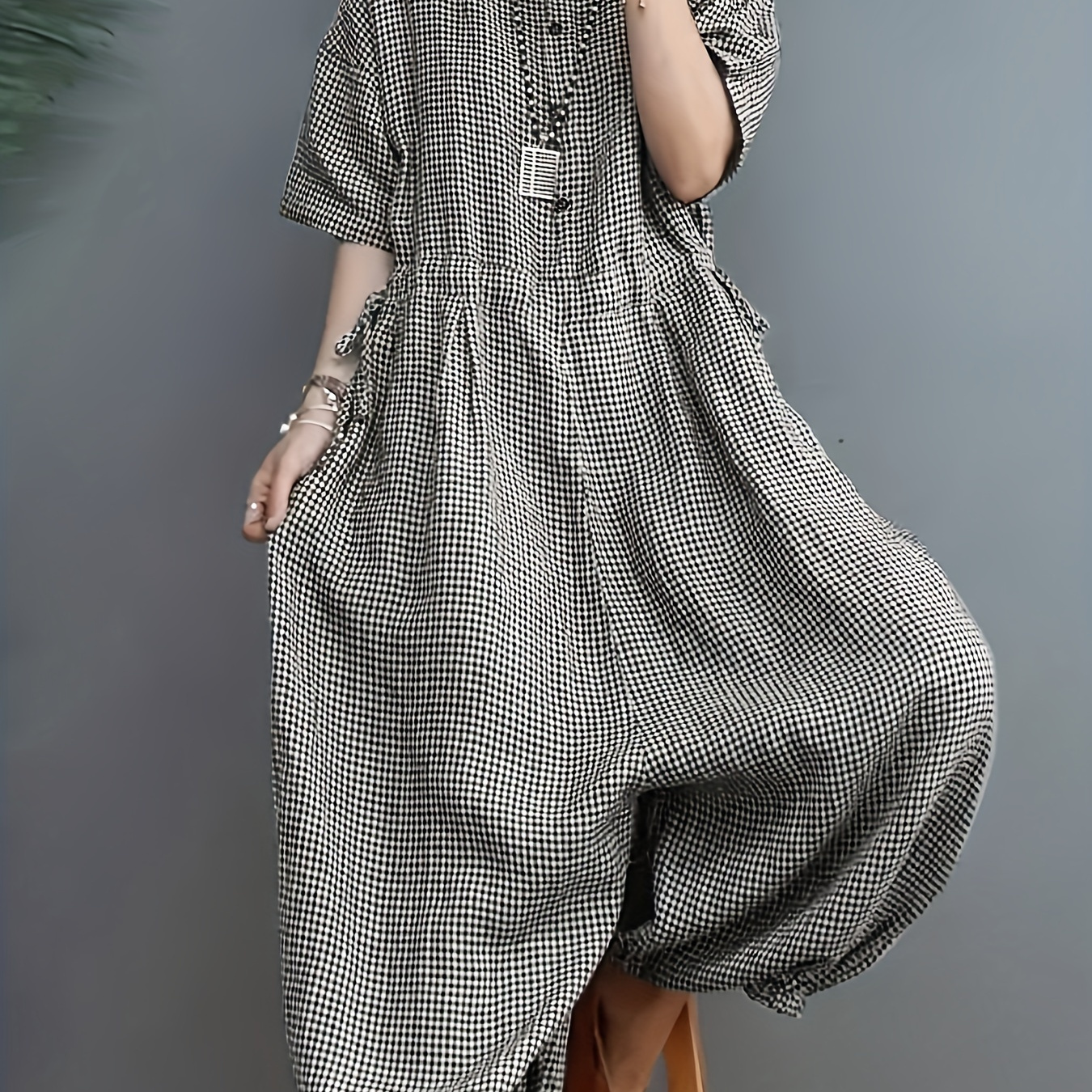 

Gingham Pattern Crew Neck Jumpsuit, Vintage Short Sleeve Loose Jumpsuit For , Women's Clothing