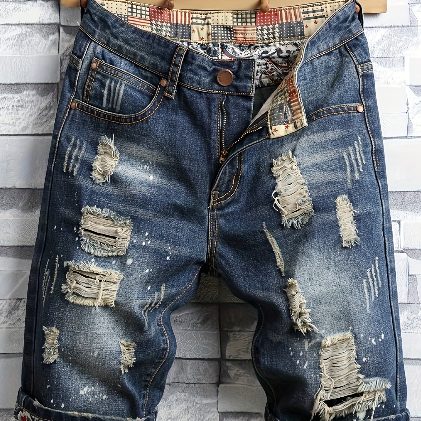 

Hip Hop Fashion Men's Ripped Cotton Blend Denim Shorts With Pockets For Summer Jorts, Bermuda Shorts