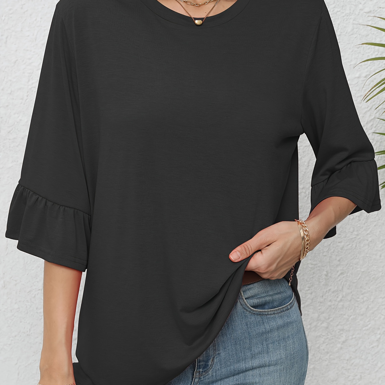

Solid Color Crew Neck T-shirt, Casual Flare Sleeve T-shirt For Spring & Summer, Women's Clothing