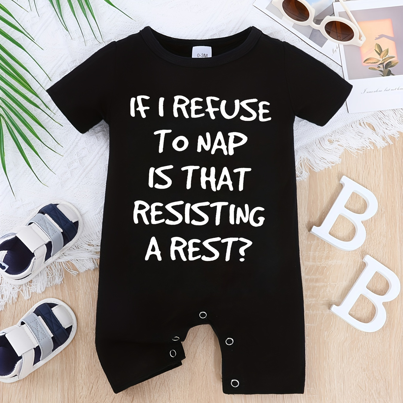 

Toddler Baby Boy Romper, Short Sleeve Onesie, Quick Snap Bottom, Funny''if I Refuse To Nap, Is That Insisting A Rest' Print, Babies Clothing For Summer