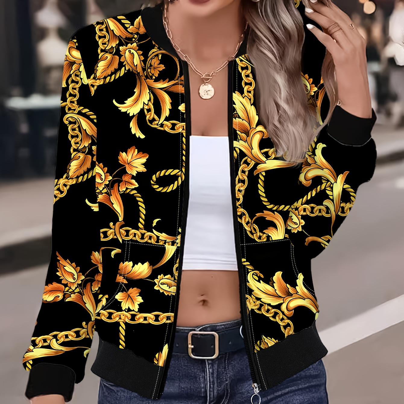 

Elegant With Pattern Zipper Pocket Jacket, Casual Long Sleeve Outerwear For Spring And Autumn Winter, Women's Clothing