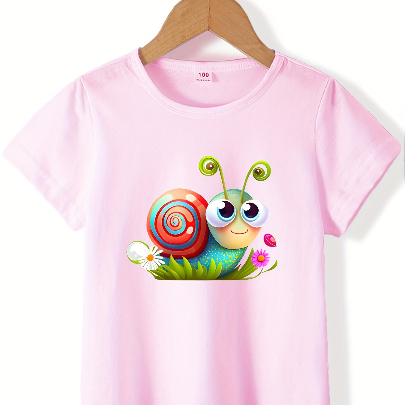 

Cute Cartoon Snail With Grass Graphic Print, Cotton Crew Neck T-shirt For Girls, Leisurely Short Sleeve Tees For Sports