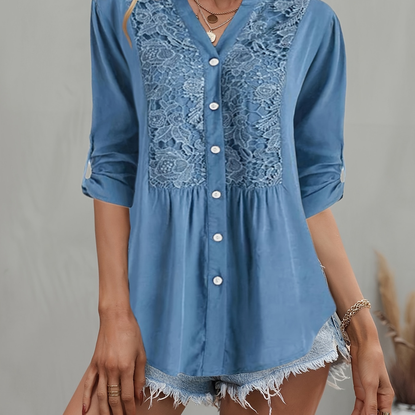 Contrast Lace Solid Shirt, Elegant Button Front Rollable Sleeve Shirt, Women's Clothing