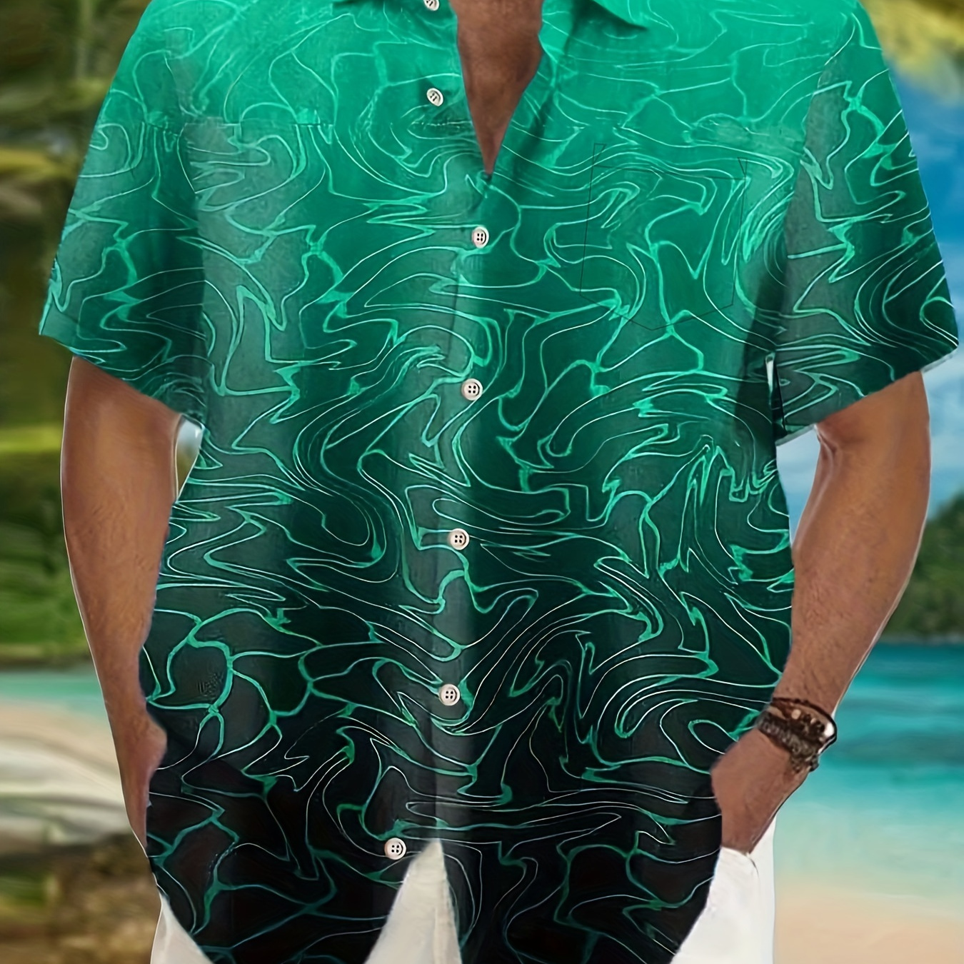 

Wave Ripple Gradient Print Men's Short Sleeve Lapel Shirt With Pocket, Men's Trendy Button Up Shirt For Summer Outdoor