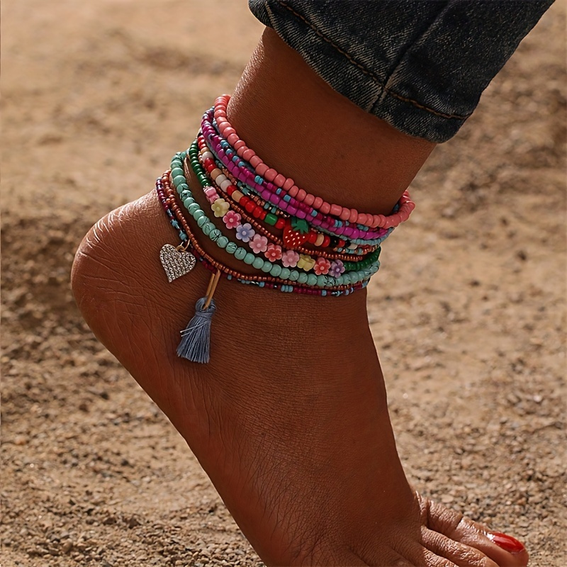 

Bohemia Beaded Anklet Set Y2k Style Ankle Bracelet Set For Women Summer Beach
