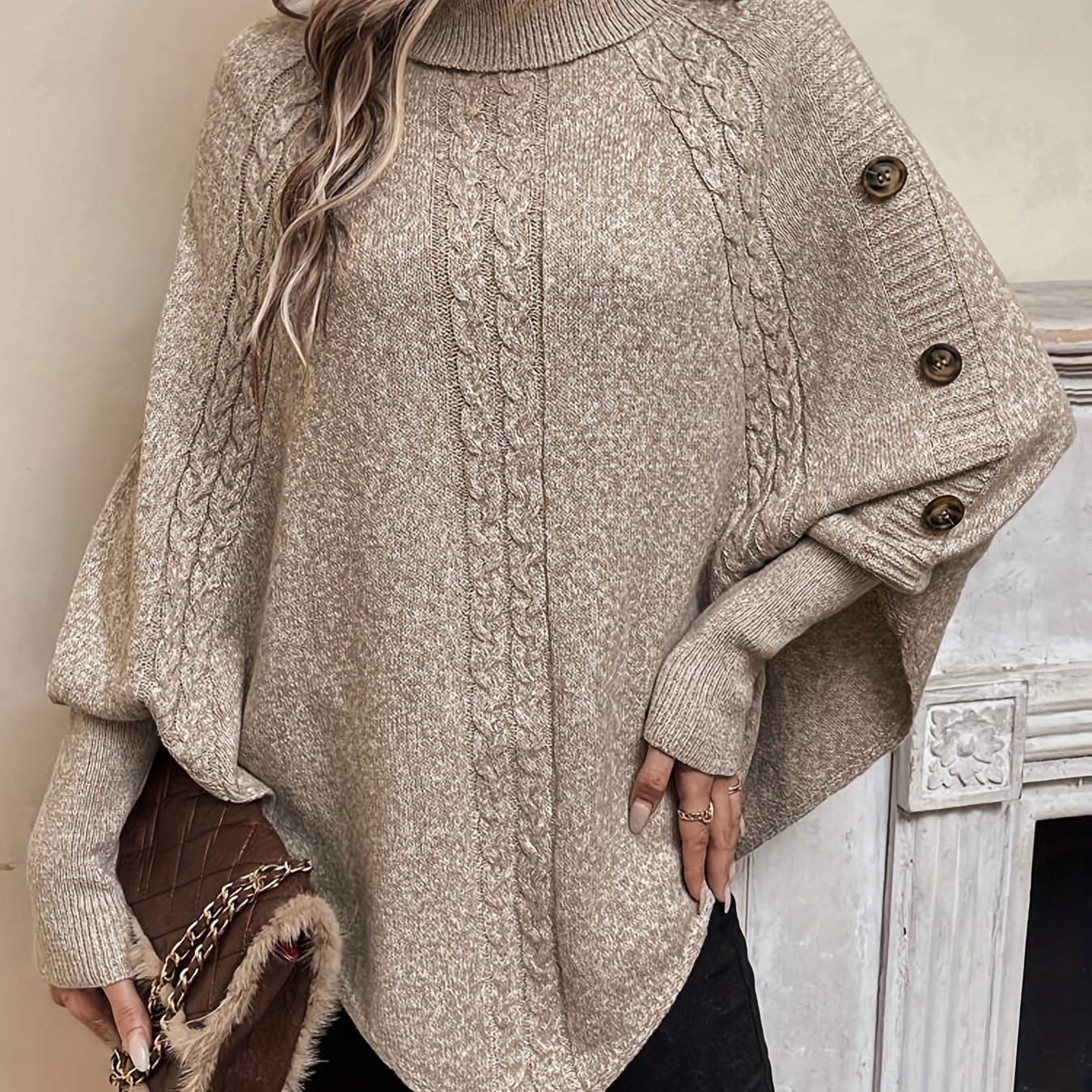

Cable Knit Button Decor Cape Sweater, Elegant Hanky Hem Turtleneck Batwing Sleeve Sweater For Fall & Winter, Women's Clothing