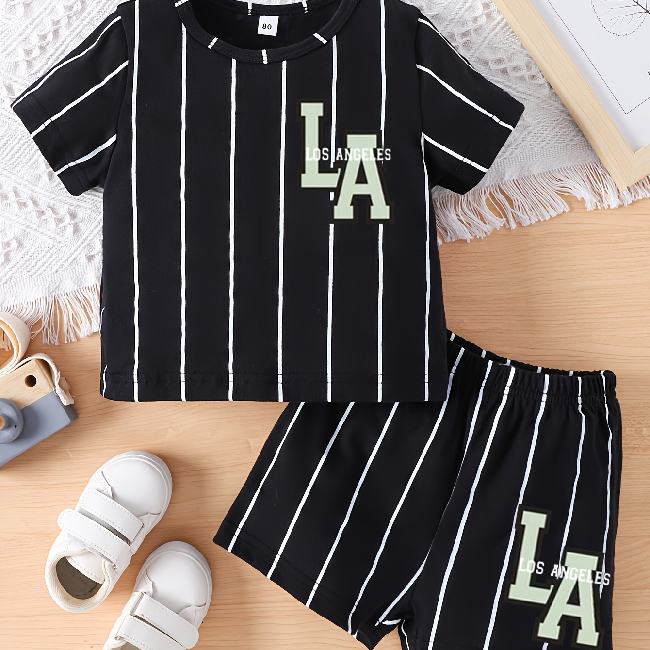 TEMU 2pcs Baby Boy's Summer Round Neck Striped Letter Print Short Sleeve Top & Shorts Casual Two-piece Set