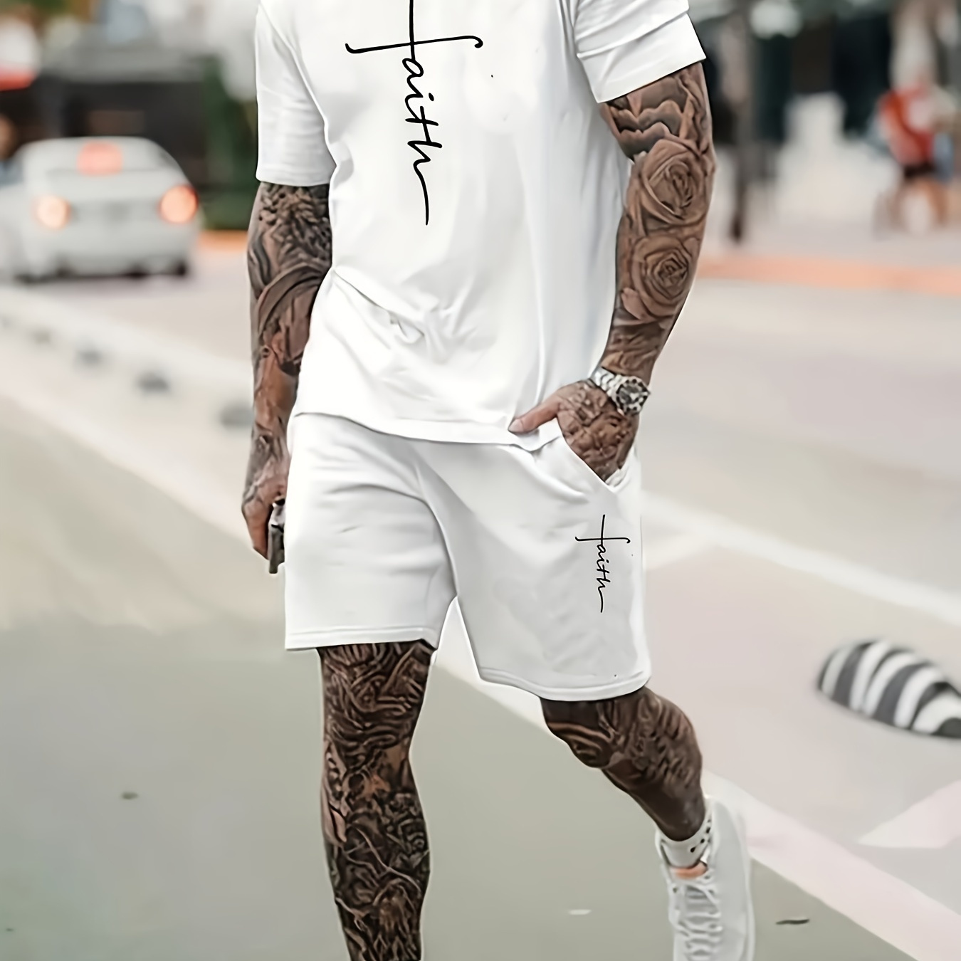 

2 Pcs Men's Trendy Casual Comfy Tees & Shorts, Letter Faith Graphic Print Crew Neck Short Sleeve T-shirt & Loose Shorts With Pockets Home Pajamas Sets, Outdoor Sets For Summer